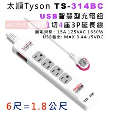 太順 Tyson TS-314BC 6尺/1.8公尺 1切4座USB智慧型充電組3P延長線 額定規格：15A 125VAC 1650W