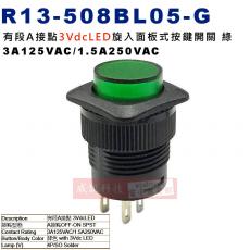 R13-508BL05-G 按壓有段A接點3VdcLED旋入面板式按鍵開關 綠