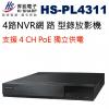 昇銳 HISHARP HS-PL4311 4路支援4CH PoE獨立供電NVR網路型錄放影機 不含硬碟 保固一年